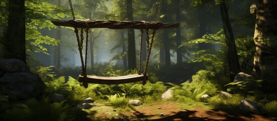 Wall Mural - A lone swing hanging in the midst of a serene forest surrounded by scattered rocks and towering trees.