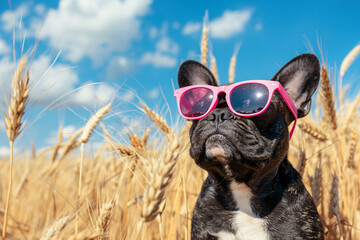 Wall Mural - Cute brindle French Bulldog dog wearing pink sunglasses in summer in front of grain field and blue sky