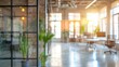 A blurred photo of a modern bright office space with fancy stylish interior