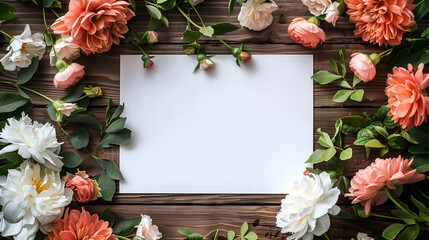 Wall Mural - Blank sheet of paper with spring flowers on a wooden background.