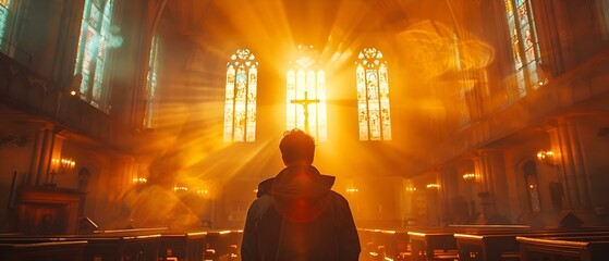 Priest prays in front of cross in church under sunlight rays. Concept Religious Iconography, Faith and Devotion, Spiritual Practices, Church Interiors, Sunlight and Shadows