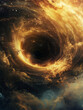 A massive black hole vortex in the universe, with golden light and starry sky background