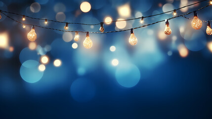 Wall Mural - Blue Illumination and decoration holiday concept Christmas garland bokeh lights over blue background.