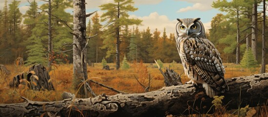 Canvas Print - Owl perched on a fallen trunk surrounded by lush foliage in a peaceful forest setting