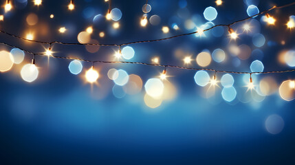 Wall Mural - Blue Illumination and decoration holiday concept Christmas garland bokeh lights over blue background.