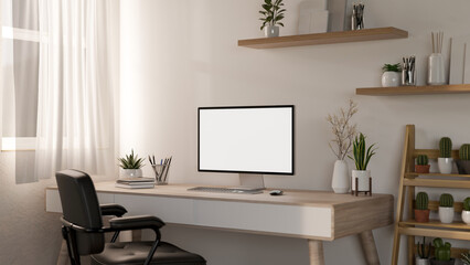 Wall Mural - a contemporary, minimalist white home office with a computer mockup on a wooden desk.