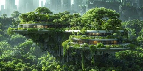 AI designed urban gardens, blending nature and technology on lush green background.