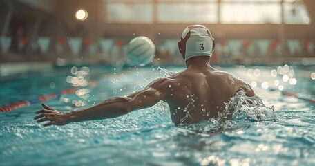 The Athletic Prowess of a Water Polo Player Reaching for the Ball, Surrounded by the Pool's Liquid Arena