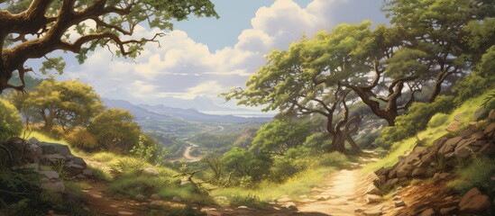 Wall Mural - A serene painting of a winding dirt pathway surrounded by tall trees in a picturesque forest setting