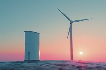 Poster - Smart wind turbine model, renewable energy tech on clear sky background.