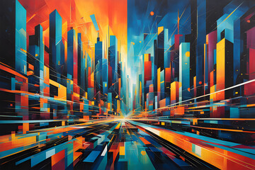 Craft an abstract scene inspired by the pulsating rhythm and energy of a bustling cityscape, incorporating geometric shapes, vibrant colors, and dynamic lines.