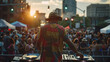 A youthful energy permeates the city streets as a DJ mixes beats at an outdoor festival, with throngs of young people gathered to revel in the vibrant summer atmosphere.