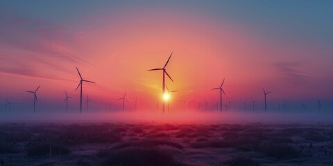 Silhouetted wind turbines embody the clean energy concept against a backdrop of an orange sky at sunset.