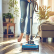 Woman Vacuuming Hardwood Floor in Bright and Tidy Modern Living Room