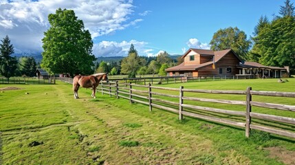 Rustic Serenity - A horse ranch with horse standing along the wood fence and the house in the background