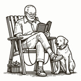 Fototapeta Pokój dzieciecy - The old man sitting on the park chair reading a book in a relaxed with his dog. basic outline  vector illustration doodle style