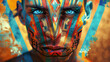 A stoic man with piercing blue eyes and a colorful geometric pattern painted across his face and hair. The contrasting colors and lines create a psychedelic visual that seems to pulsate .