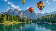Hot air balloons flying over the Lago di Carezza in Dolomites