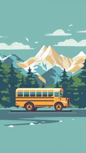 A Bright And Cheerful Yellow School Bus Is Seen Driving Down A Road On Teachers Day. Flat Design. Wallpaper.