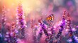 Violet heather flowers and butterfly in rays of summer sunlight in spring outdoors on nature macro
