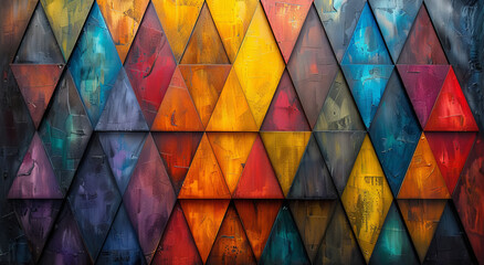 Wall Mural - Colorful mosaic of triangles covered with paint for background.