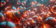 Surreal 3D Render Of A Floating, Bubble-like Musical Instrument Display With Dreamy, Iridescent Guitars And Tiny, Suspended Musical Notes