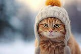 Fototapeta Do pokoju - The essence of winters charm with this picture image of a ginger cat adorned in a snug white knitted hat, against the dreamy backdrop of a winter landscape. Ideal for seasonal projects and cozy themes