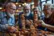 Engaged Elderly Enthusiasts Immersed in Collaborative Jenga Game