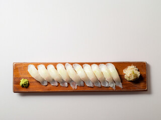 Canvas Print - Flatfish sushi on a wooden tray