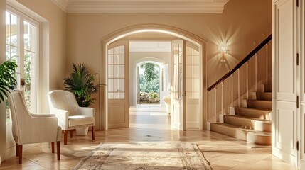 Wall Mural - A Light-Toned Hallway, Accented with a Chair and Palm, Ushers into the Welcoming Space of the Entrance Hall