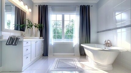 Wall Mural - A Refreshing Bathroom Atmosphere with Clean Lines, Featuring a White Cabinet, Bathtub, and Soft White Curtain