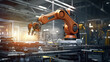 Showcasing the pinnacle of automation, this vibrant image captures an industrial robotic arm in full swing, executing precision welding with sparks flying. Progress in the smart factory landscape