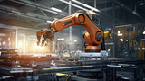 Fototapeta Do pokoju - Showcasing the pinnacle of automation, this vibrant image captures an industrial robotic arm in full swing, executing precision welding with sparks flying. Progress in the smart factory landscape