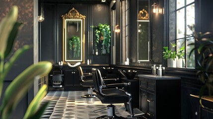 Wall Mural - barber saloon, black design, modern furniture, mirrors