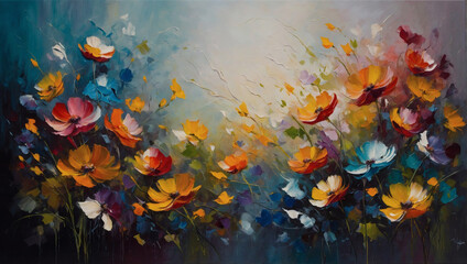 Wall Mural - Abstract floral masterpiece in oil paint, where colorful blooms dance in a symphony of hues on canvas.