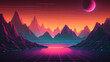 Retro-futuristic synthwave-styled mountain landscape with a sunset in the background. Good for retro wave music banners.