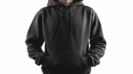 Black hooded sweatshirt. Men's long sleeve hoodie isolated on white background.