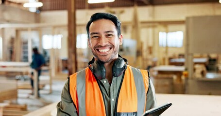 Wall Mural - Construction, warehouse and man with tablet for logistics, planning and typing online communication. Factory, worker and portrait with tech for shipping inventory, distribution or manufacturing