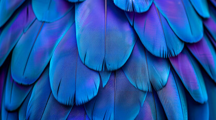 Wall Mural - A close up of a bird's feathers, with a blue hue dominating the scene. The feathers a showcasing the beauty of nature. Scene is serene and calming. upclose of blue and purple tropical bird feathers
