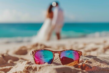 Wall Mural - A pair of sunglasses is laying on the sand at the beach