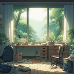 A lofi anime style illustration of an empty interior. The room is filled with piles of books and drawings, . The large window in the background reveals a breathtaking view of a dense forest 