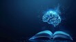 Knowledge and education concept. Glowing polygonal brain emerging from an open book against a dark blue background, symbolizing learning and creativity.
