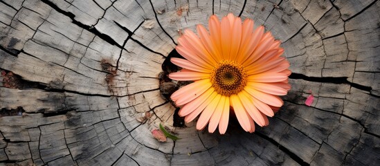 Poster - A delicate flower is peacefully seated on a weathered tree stump in a serene outdoor setting