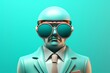  3D rendering of a pilot with aviator sunglasses and a flight cap, standing confidently against a vibrant solid pastel turquoise background, suitable for aviation-themed designs or travel 