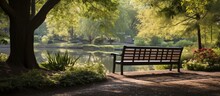 A Wooden Bench Is Placed Peacefully On The Side Of A Winding Path, Overlooking The Serene Waters Of A Tranquil Lake