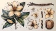 A collection of illustrated vanilla orchid flowers and pods on a plain background, featuring a hand-drawn, inked design.