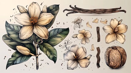 Wall Mural - A collection of illustrated vanilla orchid flowers and pods on a plain background, featuring a hand-drawn, inked design.