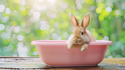 Wall Mural - Cute small light brown bunny rabbit stay inside pink bathtub on wood table with green nature background