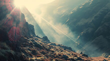 Mountains Appear Elongated And Distorted, Resembling The Visual Effect Of An Anamorphic Lens Flare Used In Photography