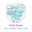 Train travel soft blue concept icon. Environmental trip. Public transport. Tourism trend. Train route. Round shape line illustration. Abstract idea. Graphic design. Easy to use in blog post